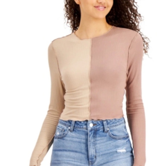 Just Polly juniors’ colorblocked top tan, cacao size Large - Picture 2 of 4